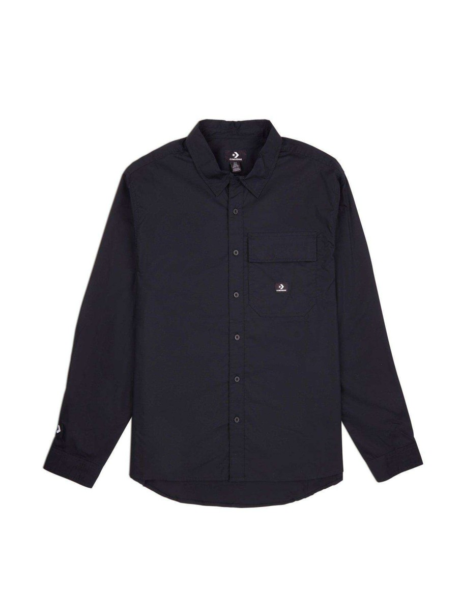 Gifts * | Converse Pocket Logo Long Sleeve Button Down Shirt Black