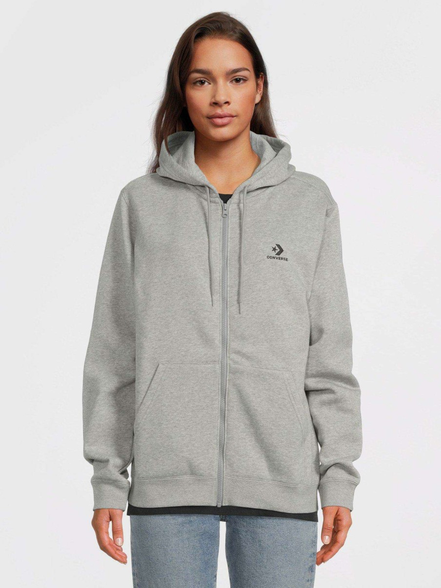 Women * | Converse Left Chest Star Chevron Embroidered Full Zip Hoodie Grey