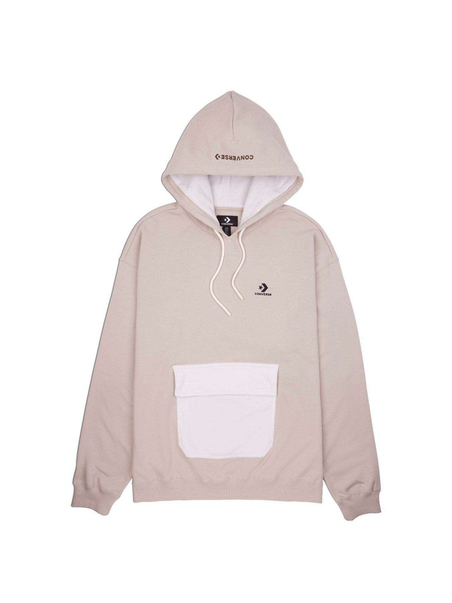 Men * | Converse Star Chevron Left Chest Utility Pocket Pullover Hoodie Stone