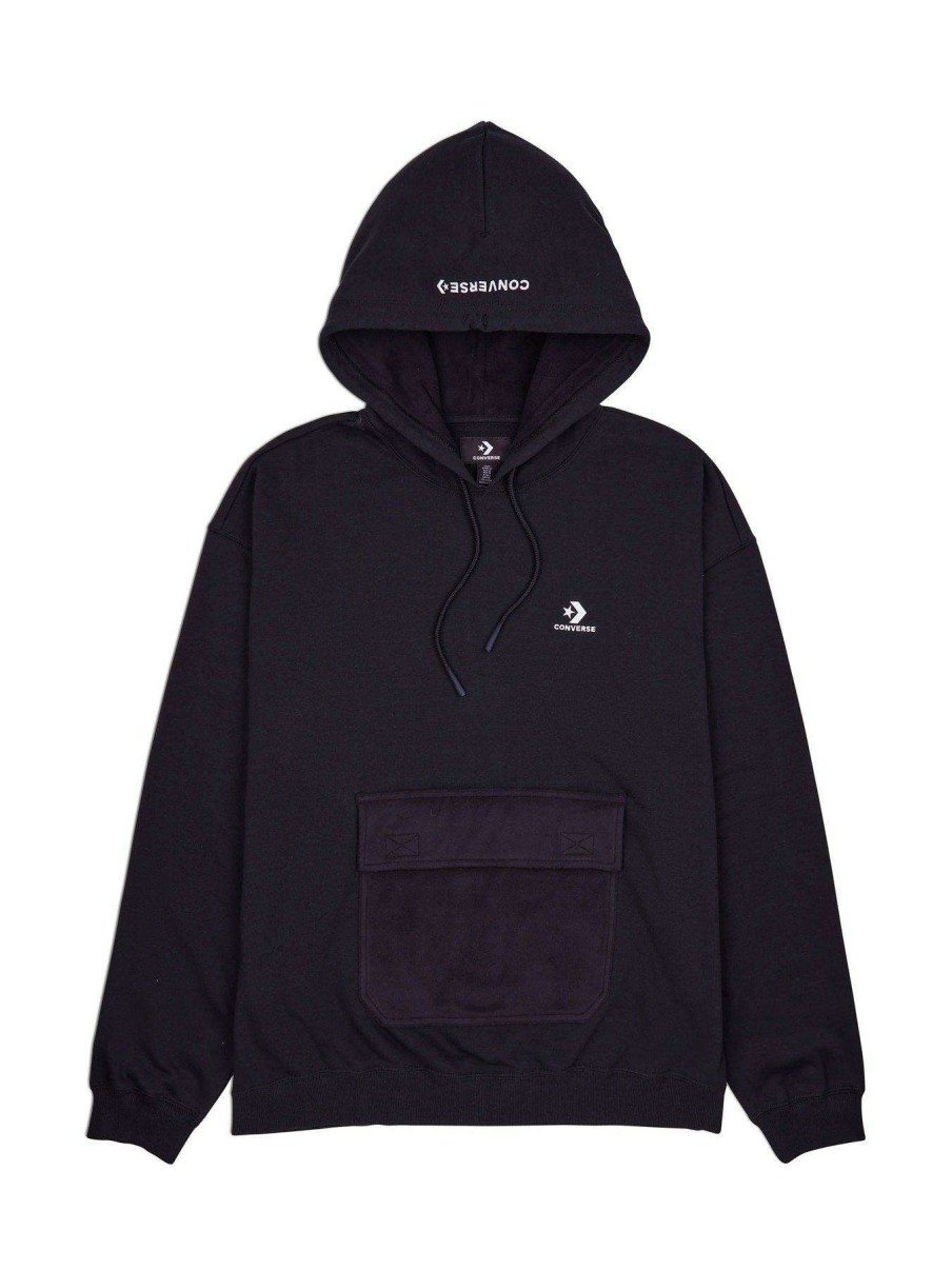 Men * | Converse Star Chevron Left Chest Utility Pocket Pullover Hoodie Black